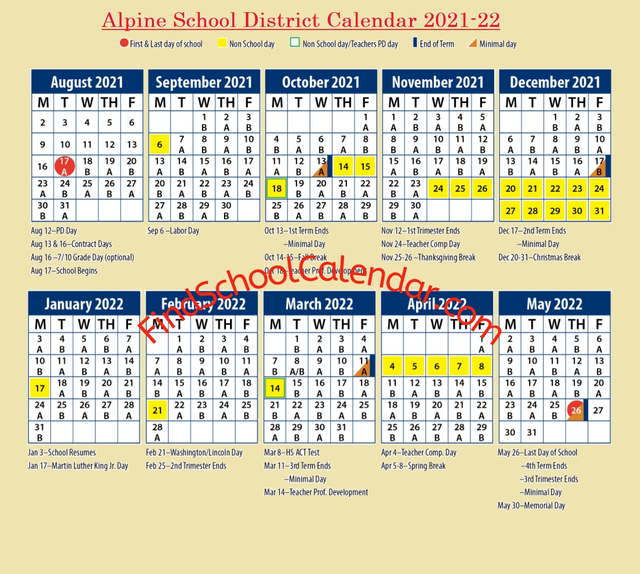 alpine school district Utah calendar 2021-22