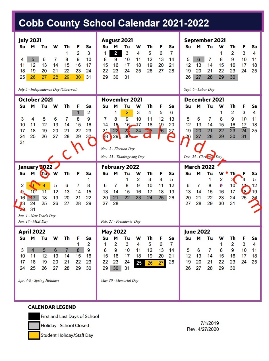 cobb county school district calendar 2021-2022