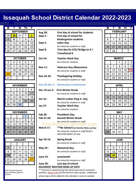 issaquah school calendar 2022-2023