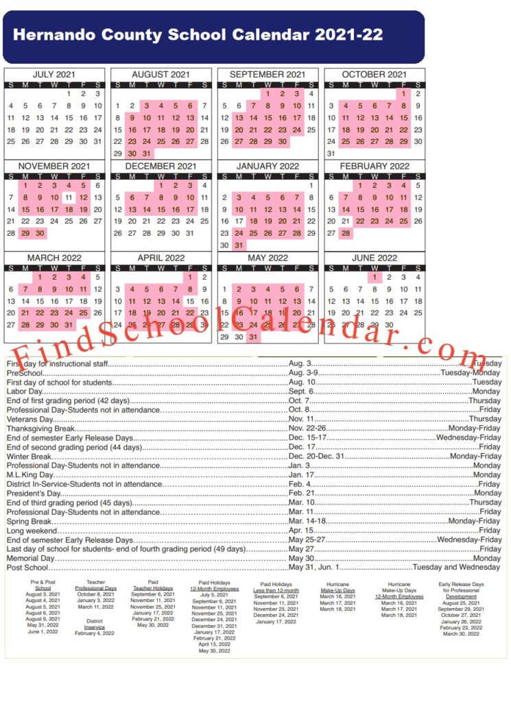 Hernando County School Calendar 202122 Holidays and break schedule
