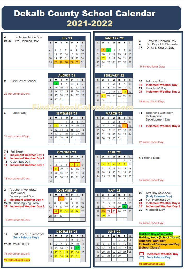 Dcsd Calendar 2022 23 Dekalb County School Calendar 2021-22 | Holidays And Break Schedule