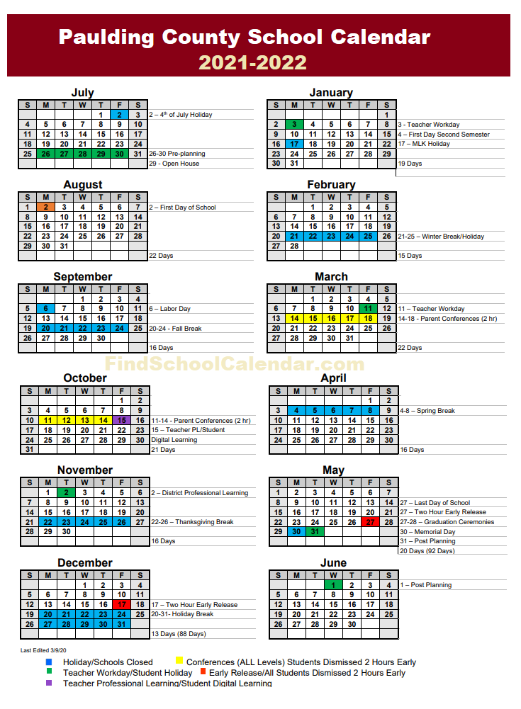 Paulding County School Calendar 202122 List of Holidays and Break