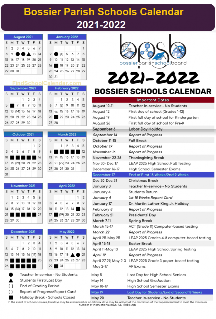 Bossier Parish Schools Calendar 2021 22 Holidays Break Schedule