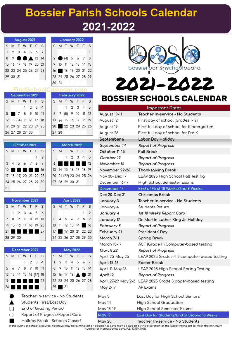 Bossier Schools Calendar 2021-22