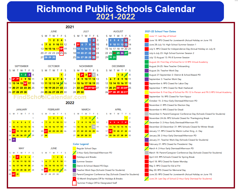 Richmond City Public Schools Calendar 2021-22