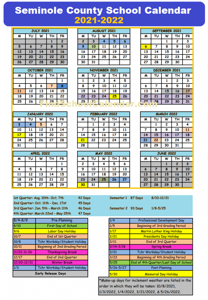 Seminole County School Calendar 202122 Holidays and break schedule