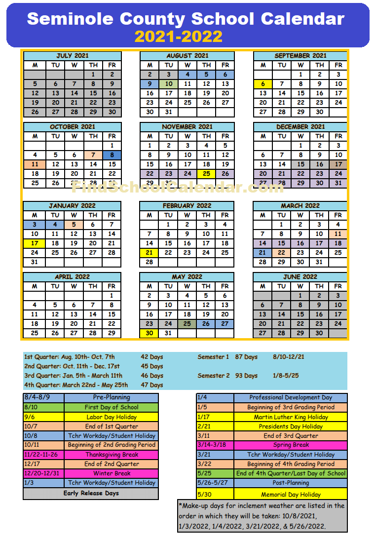 Seminole County Public Schools Calendar 2021-2022