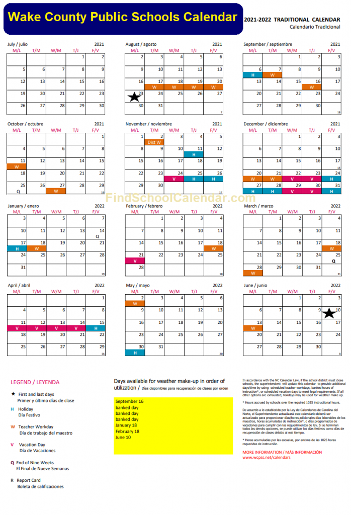 Wake County Public School (WCPSS) Calendar 2021 22 List of Holidays