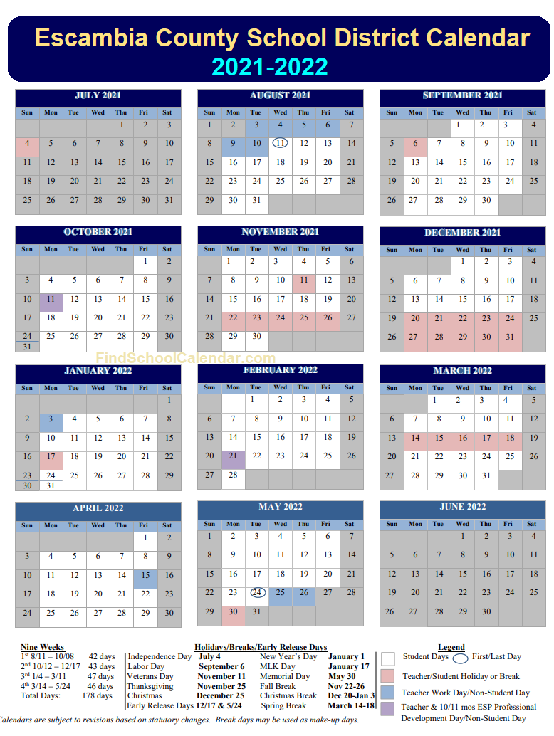  Escambia County School Calendar 2021-22
