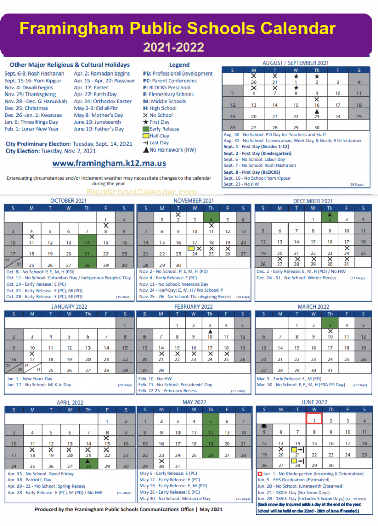 Framingham Public Schools Calendar 2021 2022 Holidays schedule