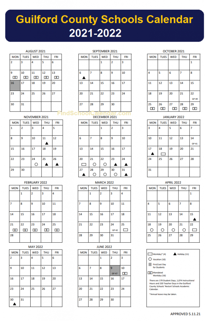 Guilford County Schoos Calendar 2021-2022 | Holidays schedule