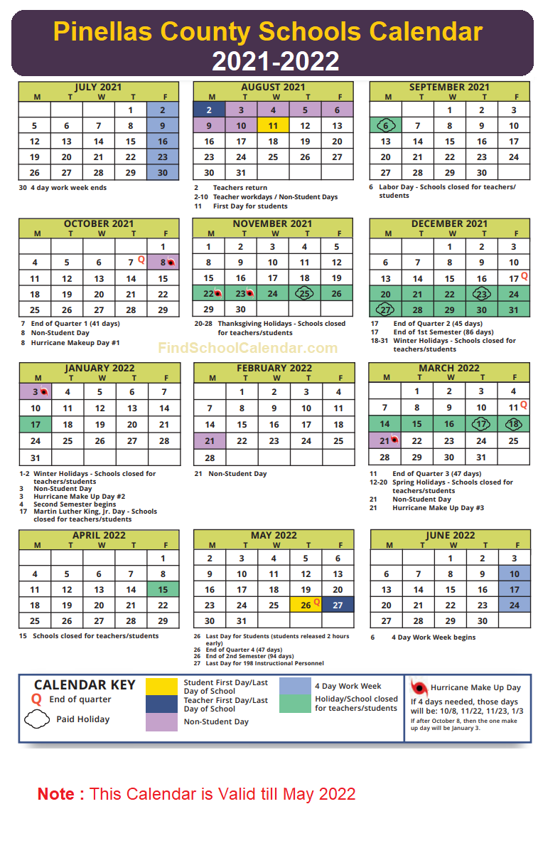Pinellas County School District Calendar 21-22