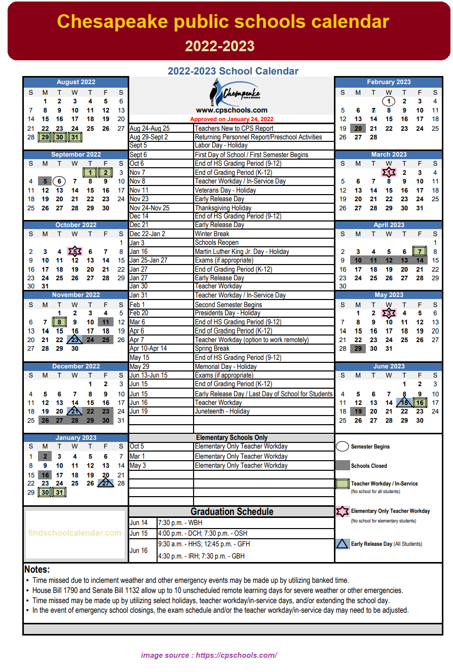 Chesapeake City public schools calendar 22-23