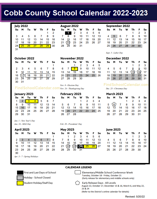 Cobb County School Calendar 2022 23 Full District Holidays Pdf